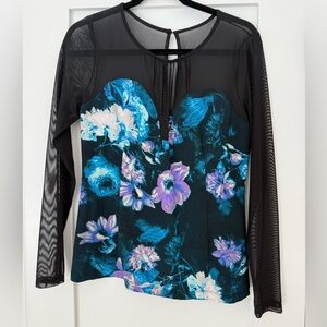 GUESS Floral Bustier Mesh Top Sheer Sleeves Sweetheart Neck Size L